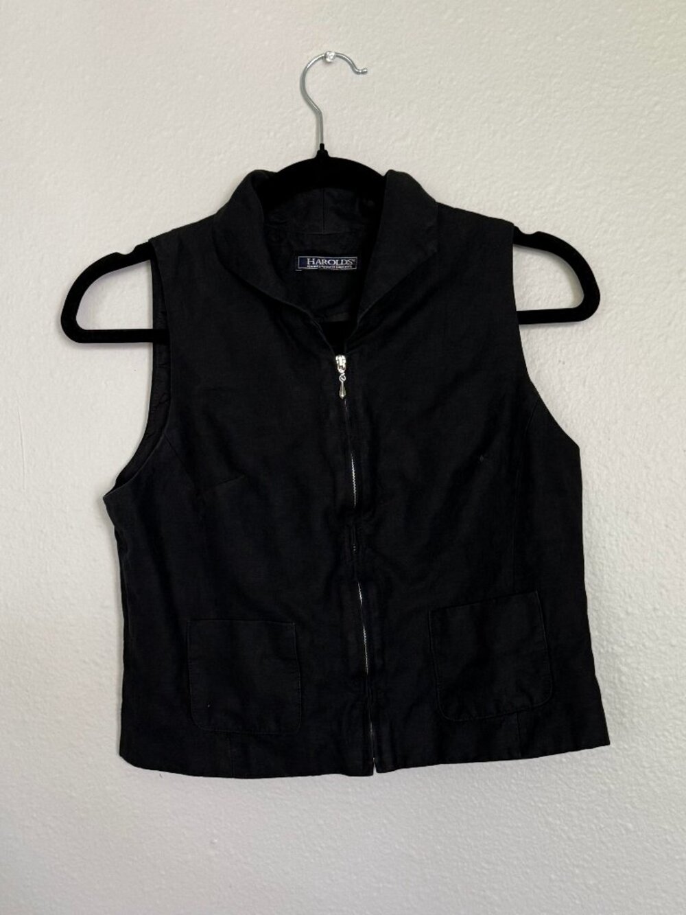 Harold's Vintage Linen Rayon Zip Front Tailored Vest Black Size 6 Minimalist